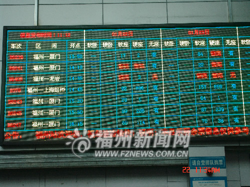 记者22日获悉,福州火车站自售机区域的正上方巨型led票额电子显示屏22